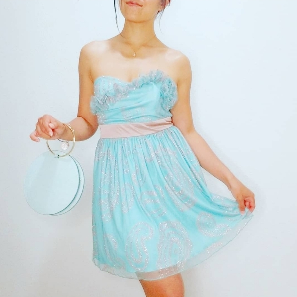 Baby blue strapless mini cocktail dress